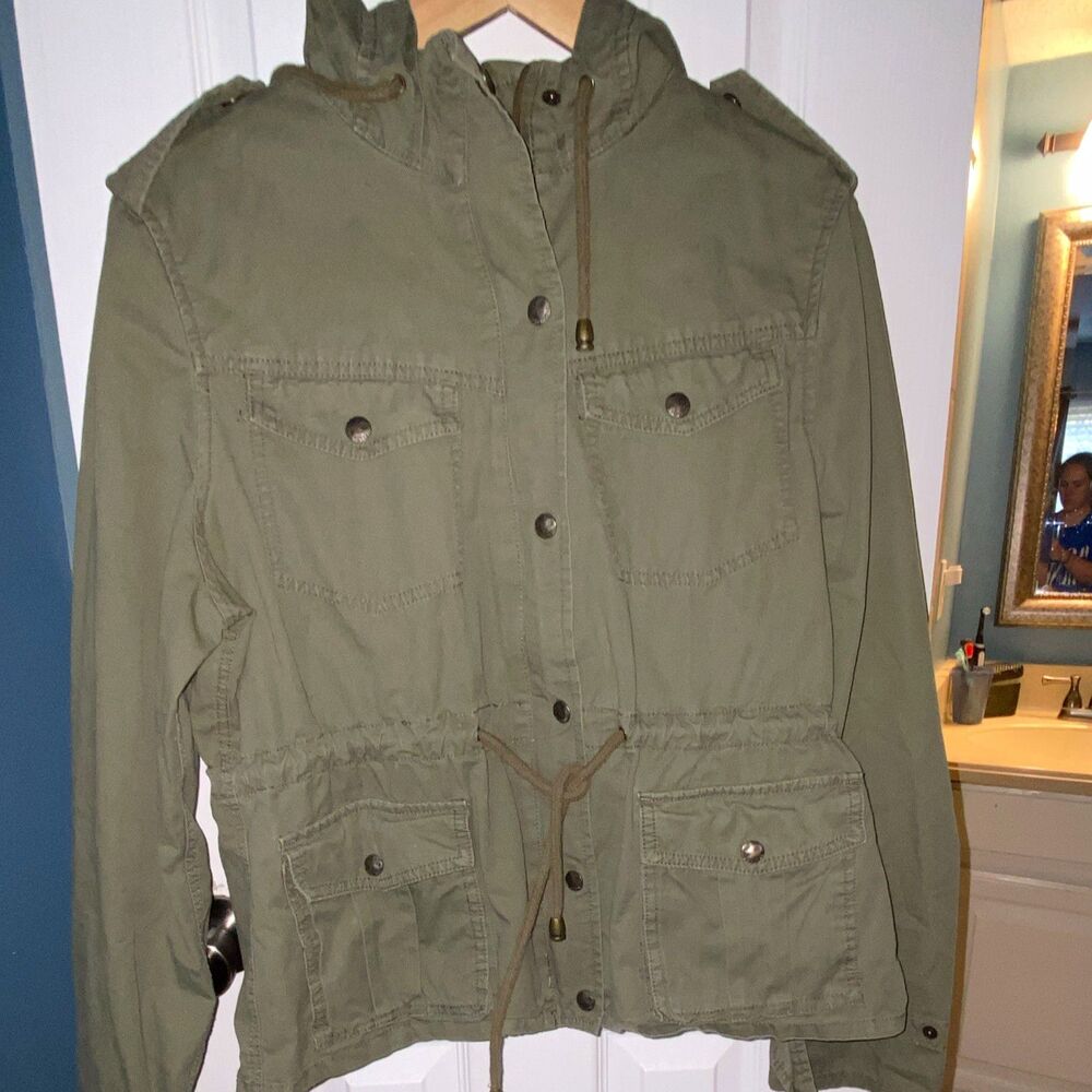 Y2K Eye Candy Women's Olive Green Hooded Military Jacket Long Sleeve Cotton Sz L
